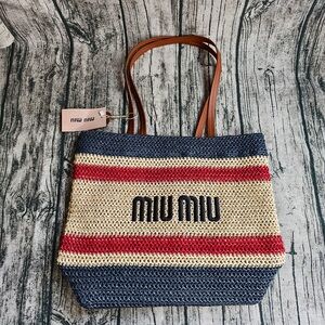 Miu Miu Embroidered Logo Woven Handbag